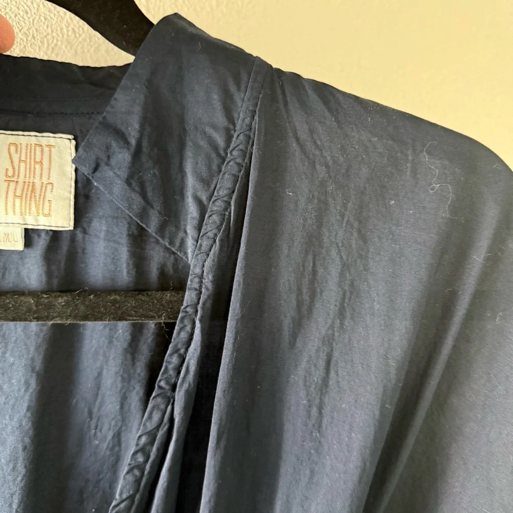 A Shirt Thing Navy Blue Wrap Midi Dress Cotton Casual Boho Minimalist Women M/L - Picture 11 of 15